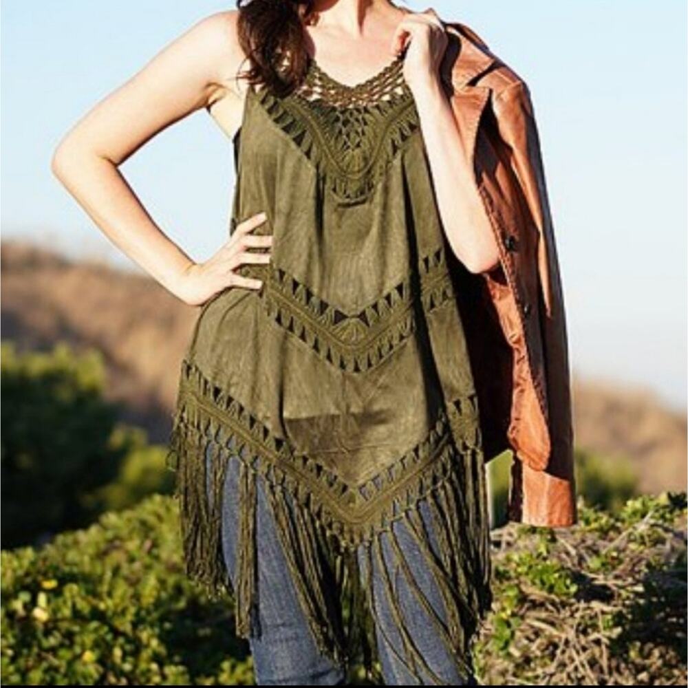 Anandas fringed suede poncho tunic dress olive green one size